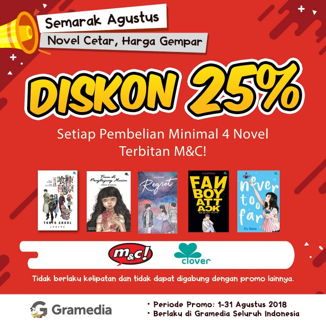 Diskon 25% pembelian Novel m&c! & Clover di Seluruh Gramedia